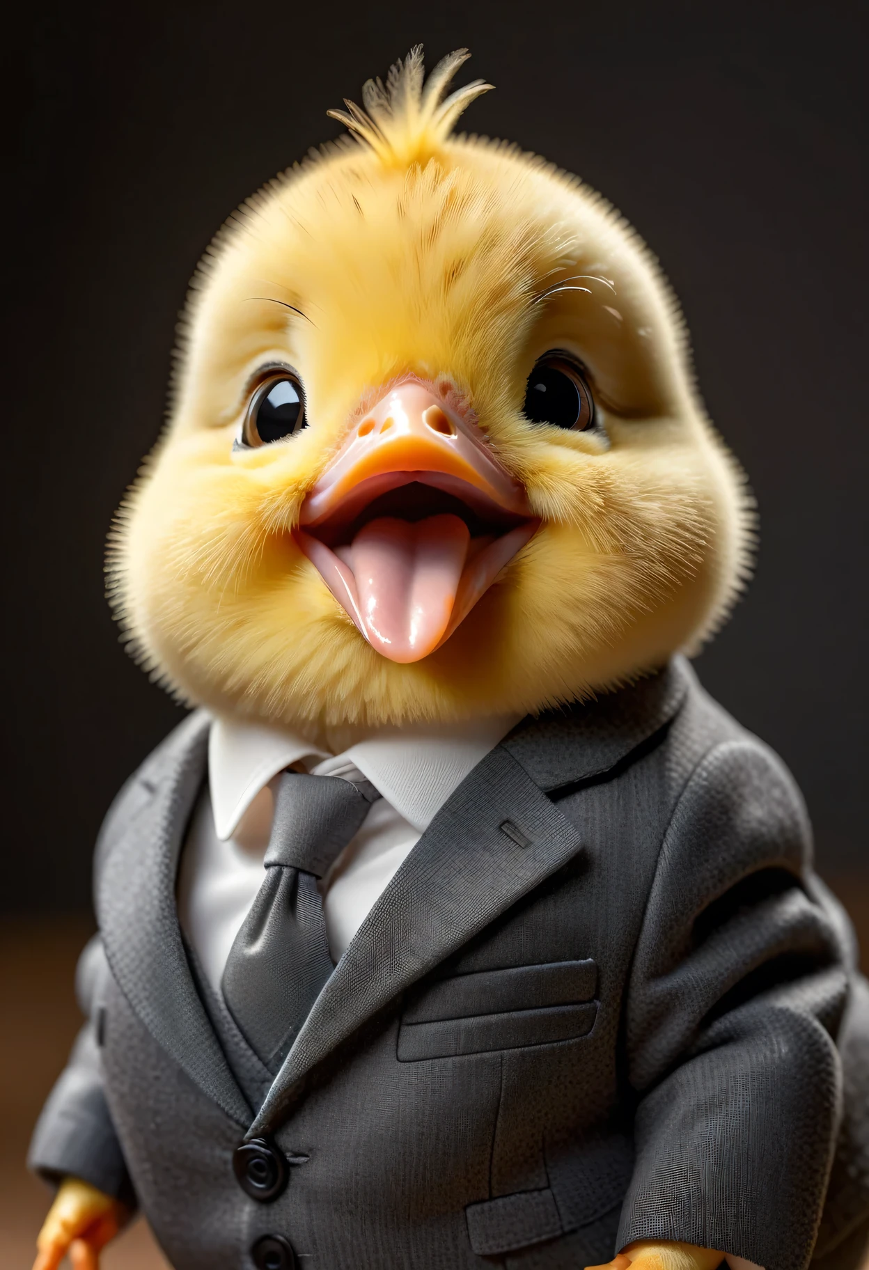 face close up photo of anthropomorphic fat baby chick ,(beak), dressed in a dark gray suit, (sticking out tongue:1.5),(happy smile:1.5),(playful:1.2), soft lighting, Cinematic, hdr, primitive, Intricate, High quality, smoothing tones, Intricate details, Low contrast,(viewed from side:2.0), (looking to the side:1.5), simple background