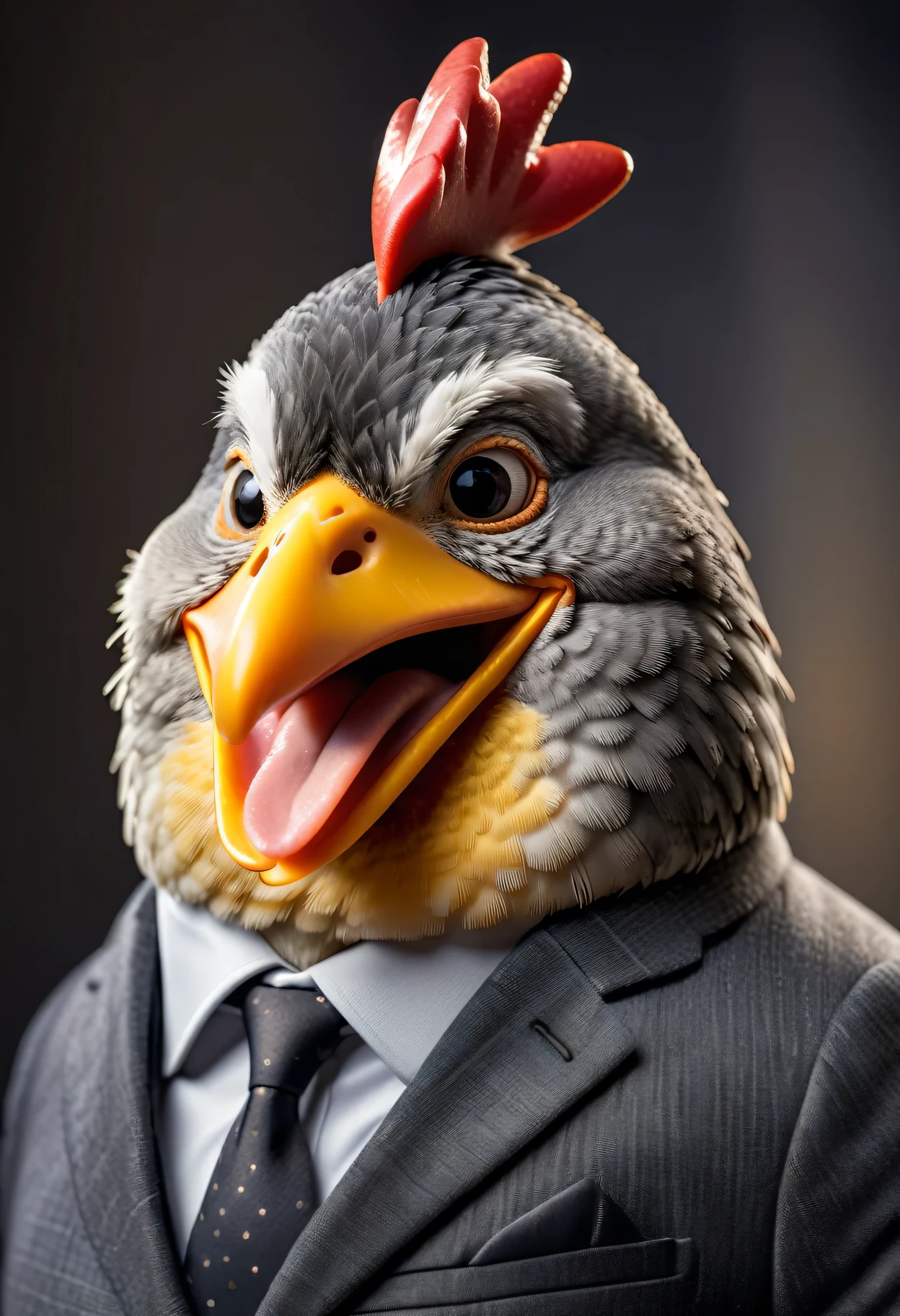 face close up photo of anthropomorphic fat chicken ,(beak), dressed in a dark gray suit, (sticking out tongue:1.5),(happy smile:1.5),(playful:1.2), soft lighting, Cinematic, hdr, primitive, Intricate, High quality, smoothing tones, Intricate details, Low contrast,(viewed from side:2.0), (looking to the side:1.5), simple background