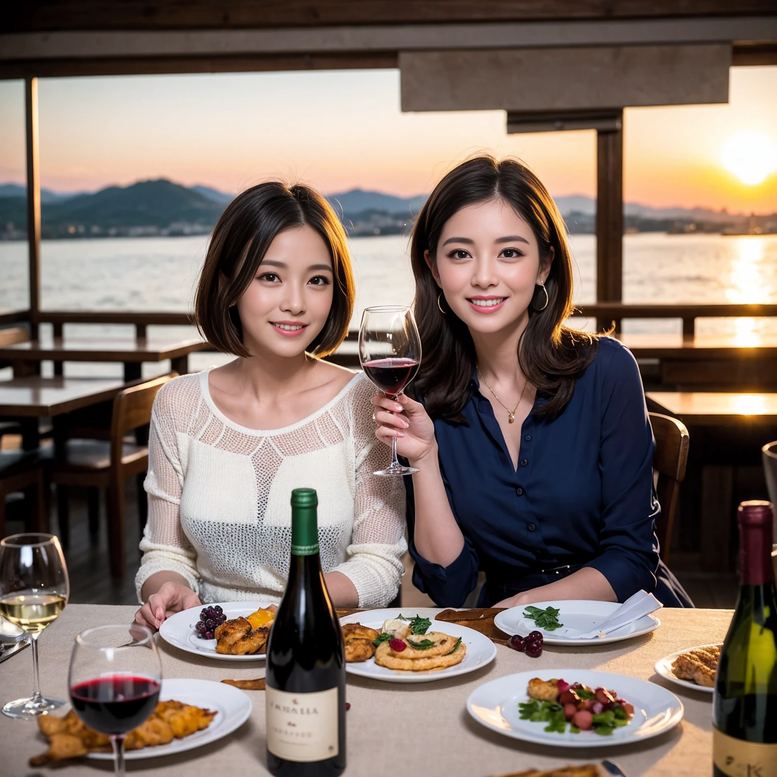((Highest quality、8k、masterpiece:1.3))、 (Genuineistic, Genuine、Bright image、Intricate details:1.2), 最高のsmile、1 male, 1 female、Beautiful couple、spouse、Relatives and friends、Good friend、actress couple、smile、Full-course dinner at a packed table、 (Slim face), (the body is slim), (Brown Hair), (short hair), テーブルのwine glass、Please shine a light on my face、 Amazing view of the sunset sky and clouds、 (33 years old)38 years old, red wine 、Appetizers、Wine bottle、sparkling wine、Long sleeve shirt、dress、White wine, red wine, wine glass,