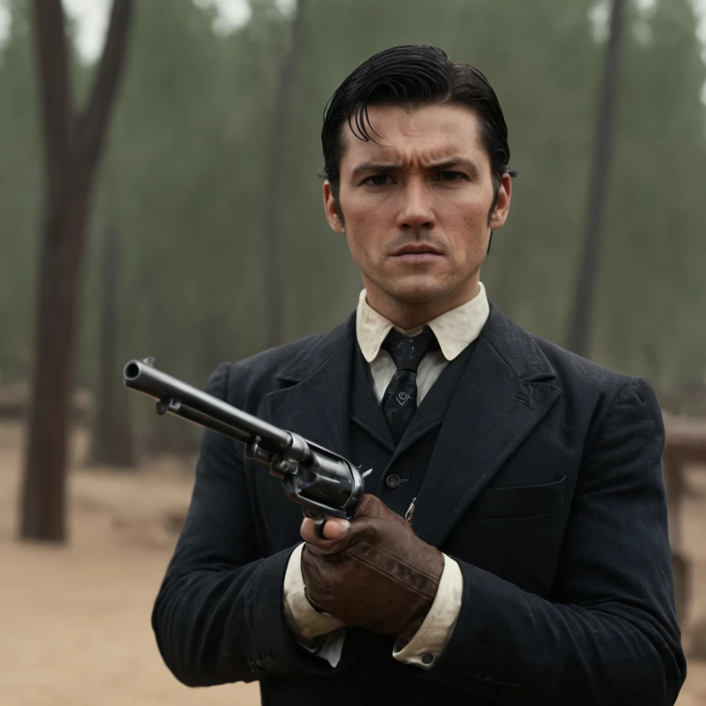 cinematic film still of a man in a suit holding a gun,solo,shirt,black hair,1boy,holding,weapon,male focus,necktie,teeth,holding weapon,gun,formal,suit,holding gun,handgun,realistic , gun, handgun, pistol, revolver, wild west, western, red dead redemption style, Colt Single Action revolver handgun, sinister, evil, jack, black gun, smoke, classic
shallow depth of field, vignette, highly detailed, high budget, bokeh, cinemascope, moody, epic, gorgeous, film grain, grainy