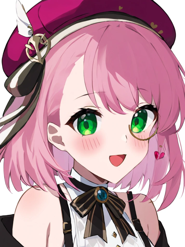 ultra-detailed,(best quality),((masterpiece)),(highres),original,extremely,  ï1/4(\xia luo di\), 1girl, solo, hat, pink hair, green eyes, open mouth, monocle, white background, red headwear, heart, shirt, looking at viewer, upper body, bangs, bare shoulders, breasts, smile, white shirt, hat feather, simple background, blush, suspenders, beret, sleeveless, virtual youtuber, off shoulder, medium hair, bow, sleeveless shirt, medium breasts