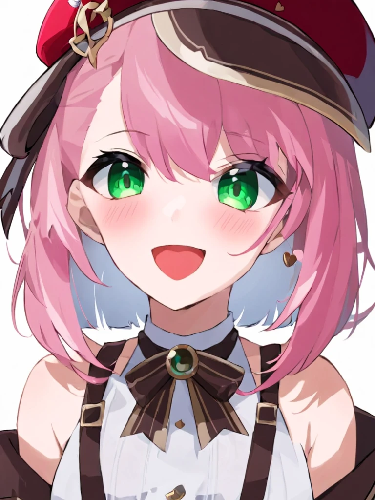 ultra-detailed,(best quality),((masterpiece)),(highres),original,extremely, ï1/4(\xia luo di\), 1girl, solo, hat, pink hair, green eyes, open mouth, monocle, white background, red headwear, heart, shirt, looking at viewer, upper body, bangs, bare shoulders, breasts, smile, white shirt, hat feather, simple background, blush, suspenders, beret, sleeveless, virtual youtuber, off shoulder, medium hair, bow, sleeveless shirt, medium breasts