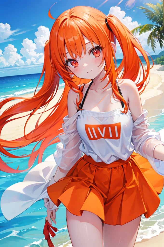 Orange Hair　Half Twin Tail　Red Eyes　beautiful girl　blue sea　White sand beach　Light of the sun　smile