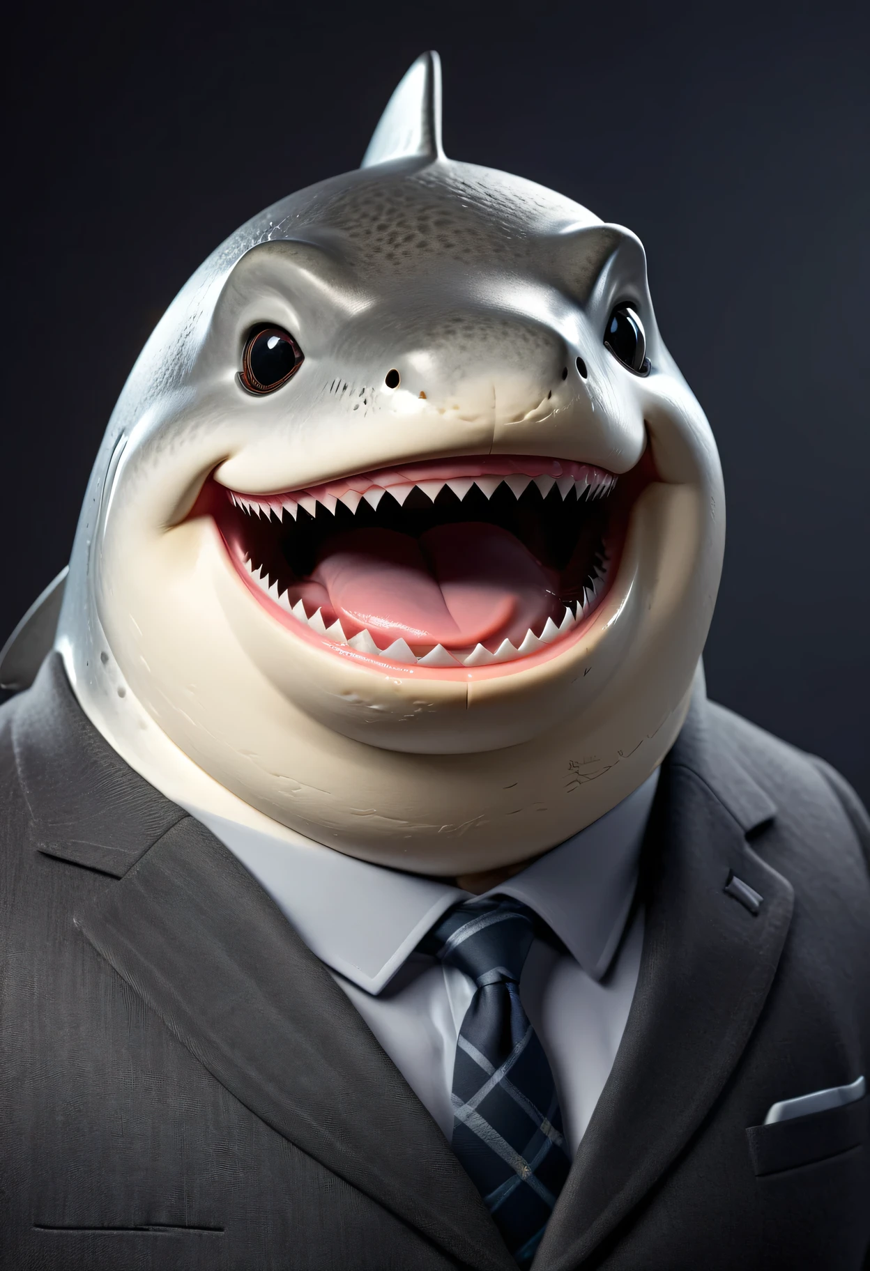 face close up photo of anthropomorphic fat shark ,(beak), (furry), dressed in a dark gray suit, (sticking out tongue:1.5),(happy smile:1.5),(playful:1.2), soft lighting, Cinematic, hdr, primitive, Intricate, High quality, smoothing tones, Intricate details, Low contrast,(viewed from side:2.0), (looking to the side:1.5), simple background