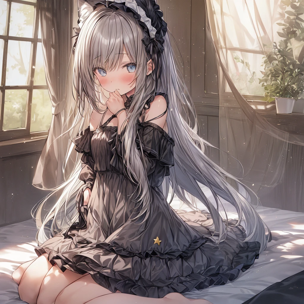 (Browsing Caution:0.9),(Girl:1.4), alone, whole body, Sitting, Dynamic Angle, Gray Hair, Flat Chest, frills, 3 , Brown Hair, Long Hair, night, Starry Sky, dark, sleepy, I want to sleep, Animal ear hood, Holding a teddy bear, Covered breasts,shy, blush,大きなぬいぐるみを抱いているパジャマ姿のGirl, with a shy expression on her face, Bedroom Settings, The composition should exude a blend of sensuality and innocence., The background must be visually appealing,