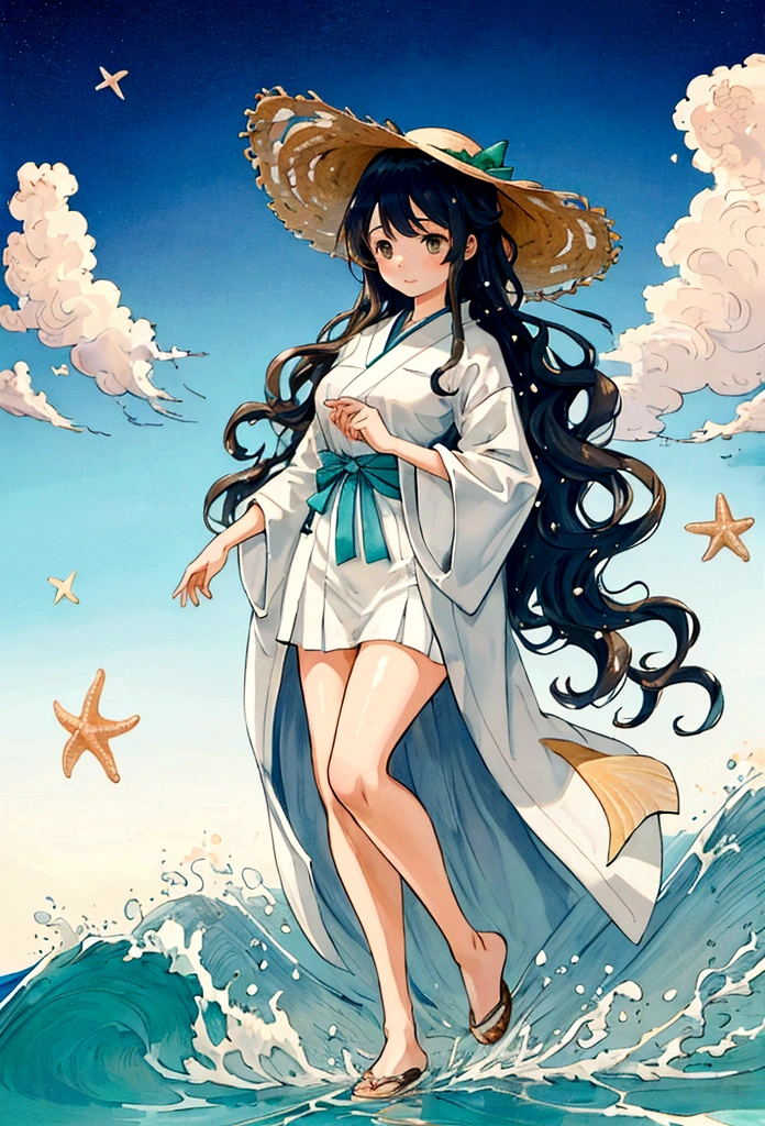 Illustration of a girl wearing a straw hat,Standing stunned,(The girl is depicted large:1.4),Style of Japan painting,Beach waves splashing,Starfish,White shells,Emerald blue sea background,Cumulonimbus cloud debris,Highest quality,Ultra-high resolution,Golden Ratio,Maximum Coefficient,Cappadocia