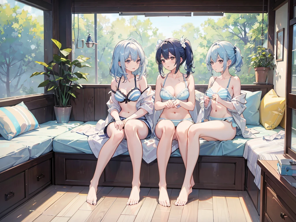 Hot spring changing room、Three sisters take off their underwear and get naked、A cute frilly light blue bra、Light blue and white striped underwear、barefoot