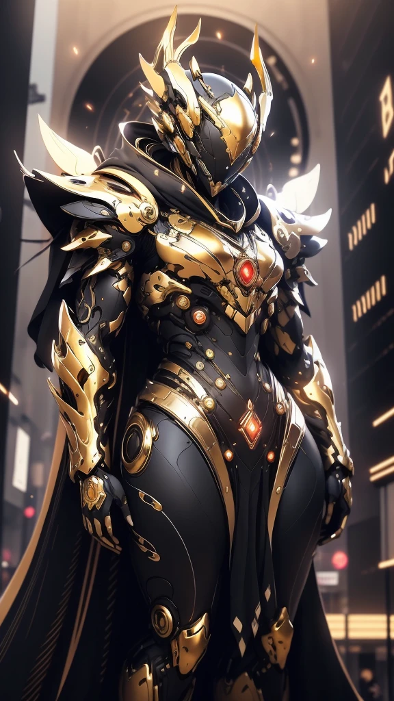 A woman adorned in fantasy-style full-body armor, a crown-concept fully enclosed helmet that unveils only her eyes, a composite layered chest plate, fully encompassing shoulder and hand guards, a lightweight waist armor, form-fitting shin guards, the overall design is heavy-duty yet flexible, (the armor gleams with a golden glow, complemented by red and blue accents), exhibiting a noble aura, she floats above a fantasy-surreal high-tech city, this character embodies a finely crafted fantasy-surreal style armored hero in anime style, exquisite and mature manga art style, (mixture of Queen bee and Spider concept Armor, plasma), ((Element, elegant, goddess, femminine:1.5)), metallic, high definition, best quality, highres, ultra-detailed, ultra-fine painting, extremely delicate, professional, anatomically correct, symmetrical face, extremely detailed eyes and face, high quality eyes, creativity, RAW photo, UHD, 32k, Natural light, cinematic lighting, masterpiece-anatomy-perfect, masterpiece:1.5