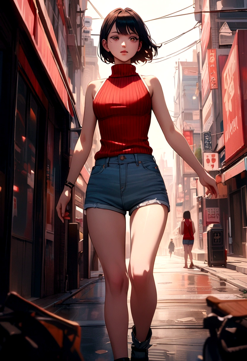 shorts,sleeveless,short shorts,turtleneck,denim,ribbed sweater,denim shorts,turtleneck sweater,sleeveless turtleneck,red sweater,sleeveless sweater,