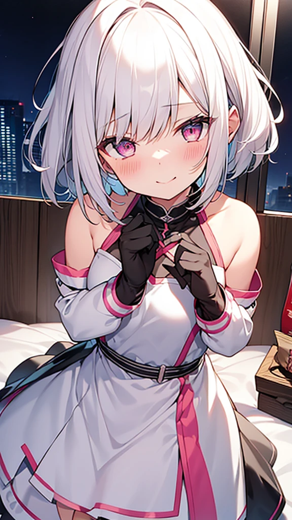 White Hair Girl、Pink Eyes、Short Hair、Only one girl、Night、In the bedroom、Blushing、laughing