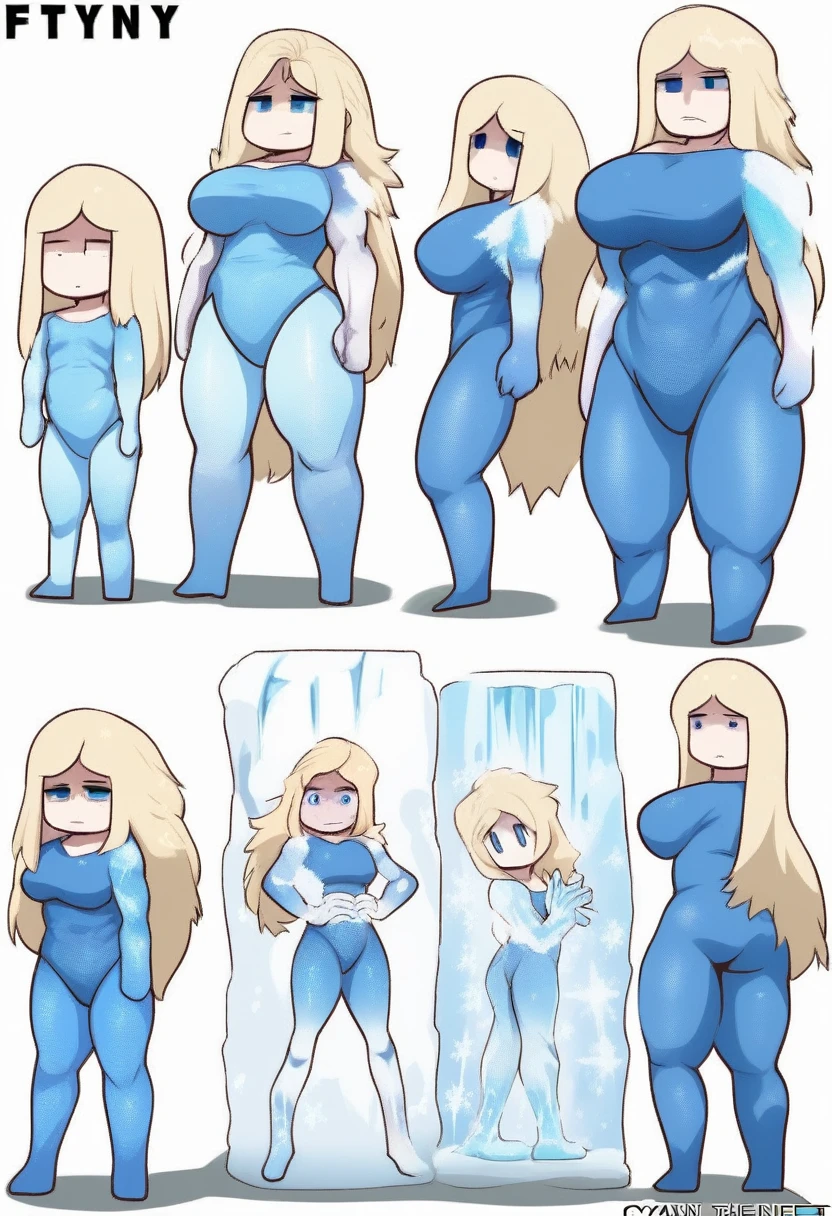 {{full body, high angle}} {{Artist: bob_(bobtheneet)} 1woman, mature woman, middle-aged woman, long hair, blonde hair, straight hair, blue eyes, stern eyes, emotionless face, no blush, straight face, no smile, no emotion, cold eyes, empty eyes, ice powers, cyan spandex suit, blue cape, tall, large breasts, thick thighs, looking down at viewer, wearing clothes, ice crystals on arms, blue gloves, superhero, city background, muscular