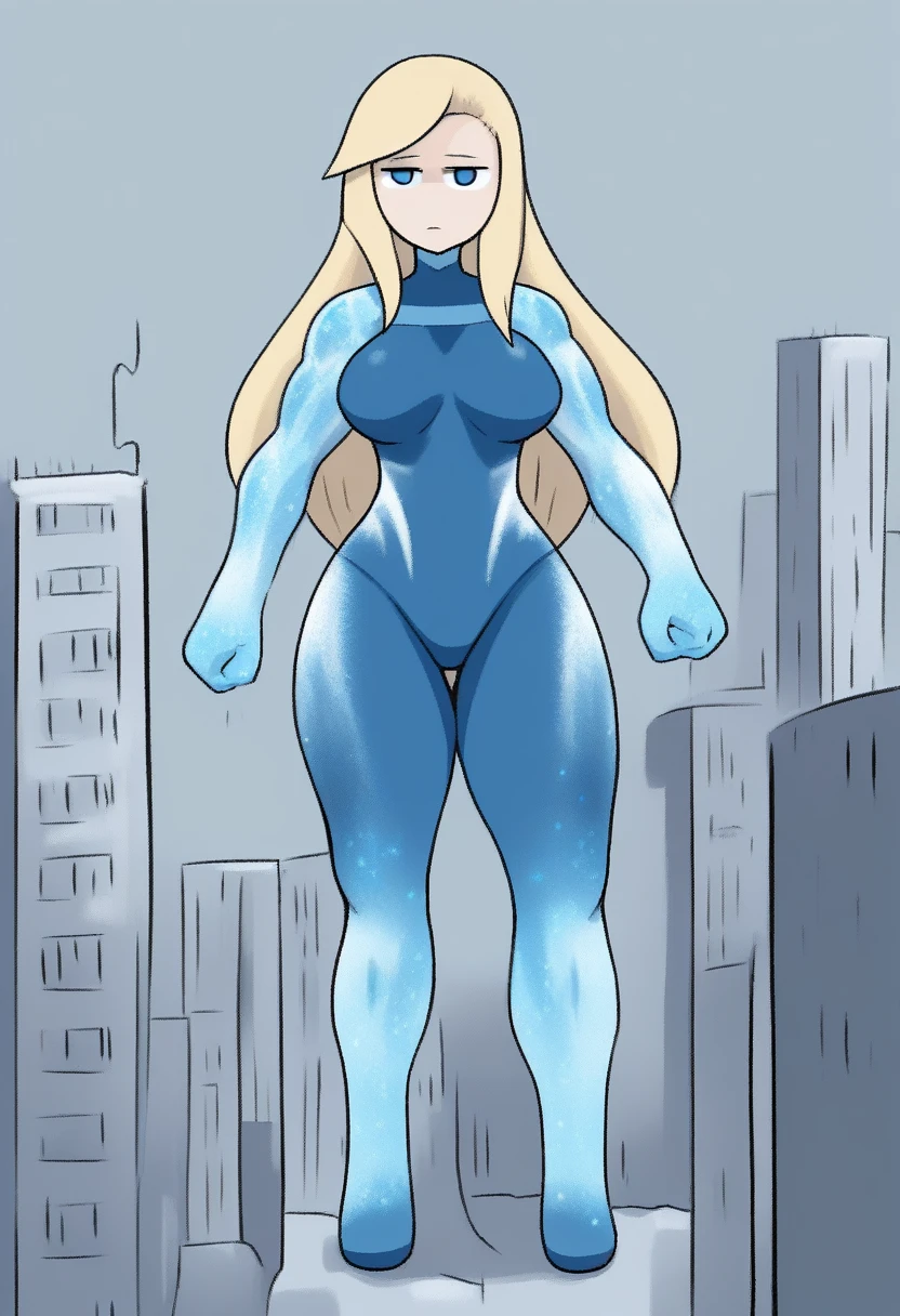 {{full body, dutch angle}} {{Artist: bob_(bobtheneet)} 1girl, solo, mature woman, middle-aged woman, tall, long hair, blonde hair, straight hair, blue eyes, shy, blush, ice powers, cyan spandex suit, blue cape, tall, large breasts, thick thighs, looking down at viewer, ice crystals on arms, blue gloves, superhero, city background, chubby, aroused, panting, nipples showing through clothes, sweating