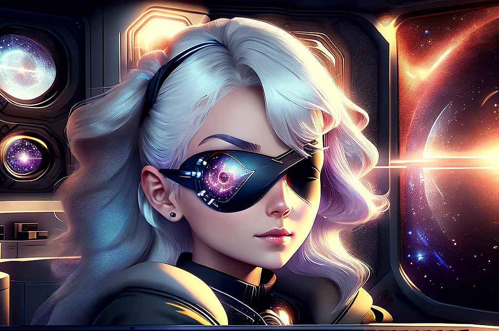 Particle physics experiments are placed on a table, one sublime woman sits next to it, the woman's left eye is replaced by a eye patch with a tiny galaxy drawn on it, scene in a futuristic laboratory, ( galaxy drawn on the eye patch),