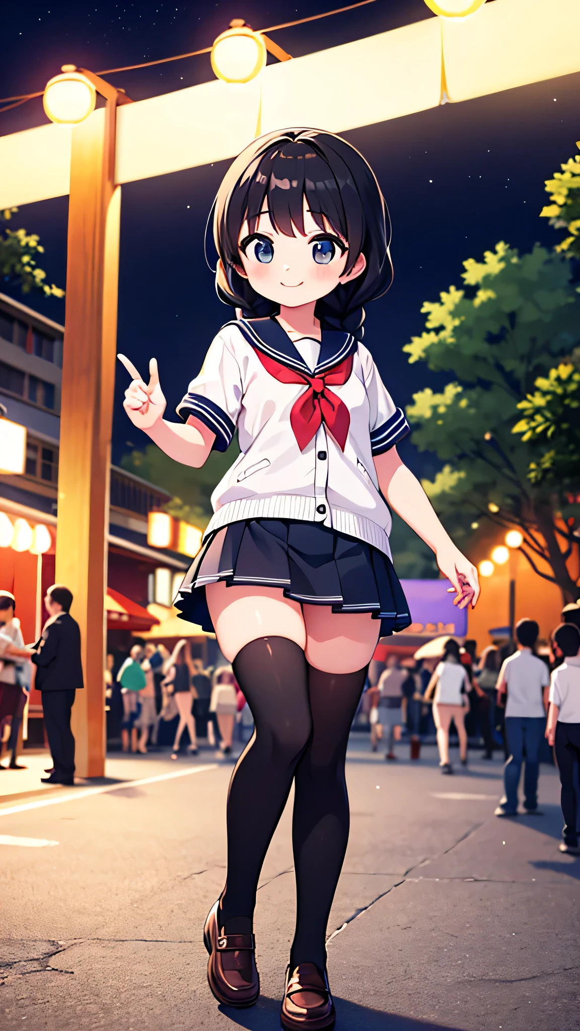 {Highest quality], [Super beautiful], [Ultra fine], [Best illustration], NSFW,Brown Hair, Hime cut, Long Hair, With bangs, girl,high school student,uniform,knit,skirt,smile, blush, Slender women, Adult women,Standing posture,(Public),Night Park,Summer festival,diagonal, Navy blue knee socks,Black Loafers、Stripes々
Panties、Panties in full view