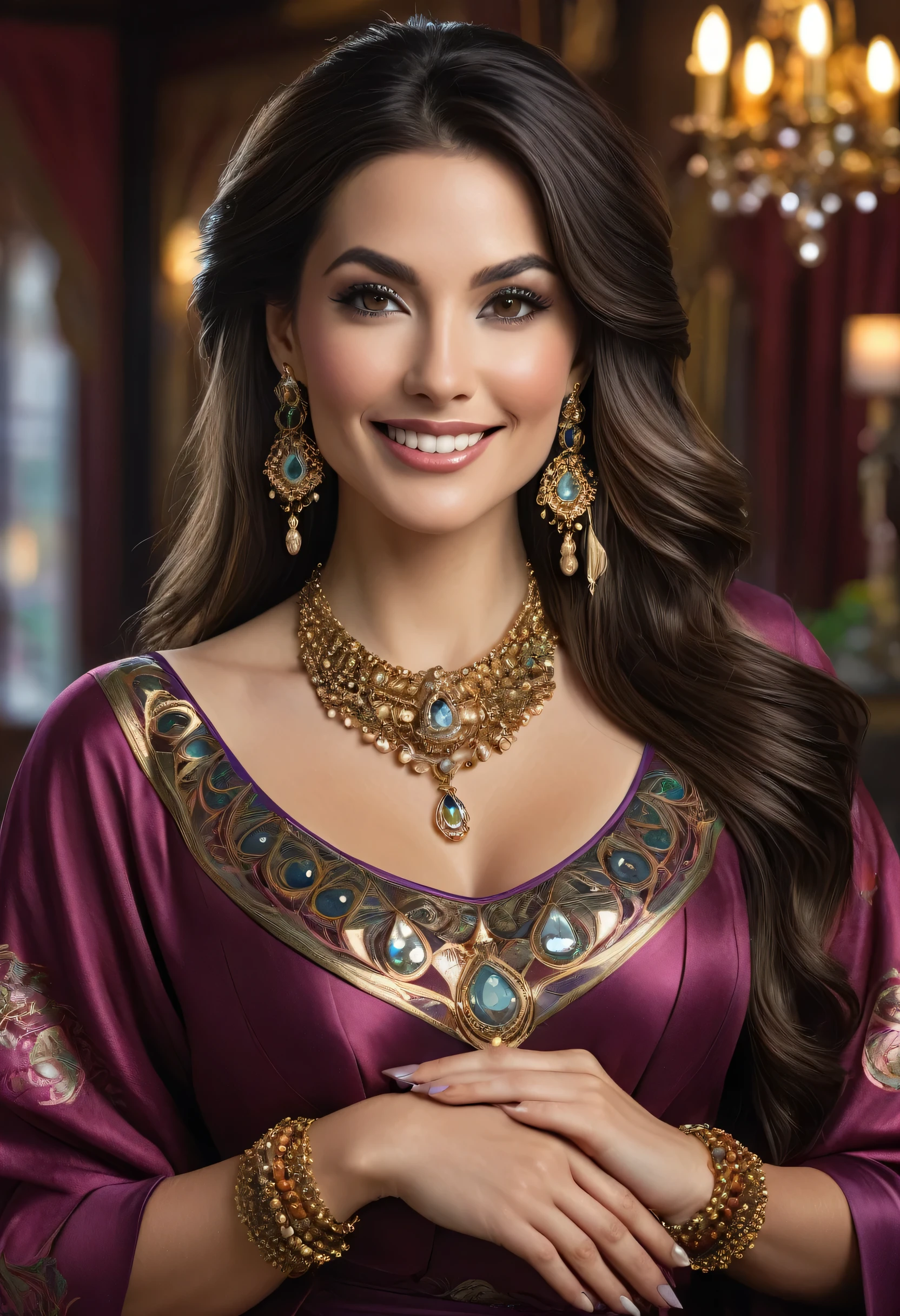 A full-body photo-realistic image of a stunningly beautiful American woman in her 30s with semi-long hair. She has an aura of powerful divination. She wears opulent, elegant attire suitable for a fortune-teller, with a sophisticated design that reveals parts of her skin. Her outfit exudes grandeur and mystery. She is adorned with high-quality, magical-looking necklace, earrings, and bracelet. She has a warm, friendly smile with large, symmetrical eyes and a wide, appealing mouth. Her features are exceptionally attractive. The background shows the interior of a luxurious fortune-teller's parlor.