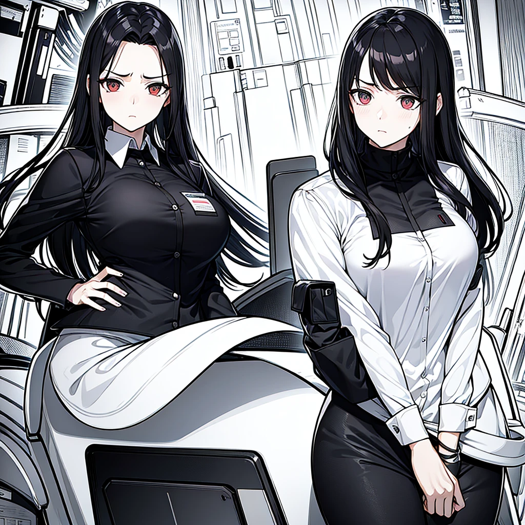 masterpiece, best quality, long straight hair, female, Irritated expression, office worker suit, girl, ( There is only one person ), embarrassed expression, big bust, black hair