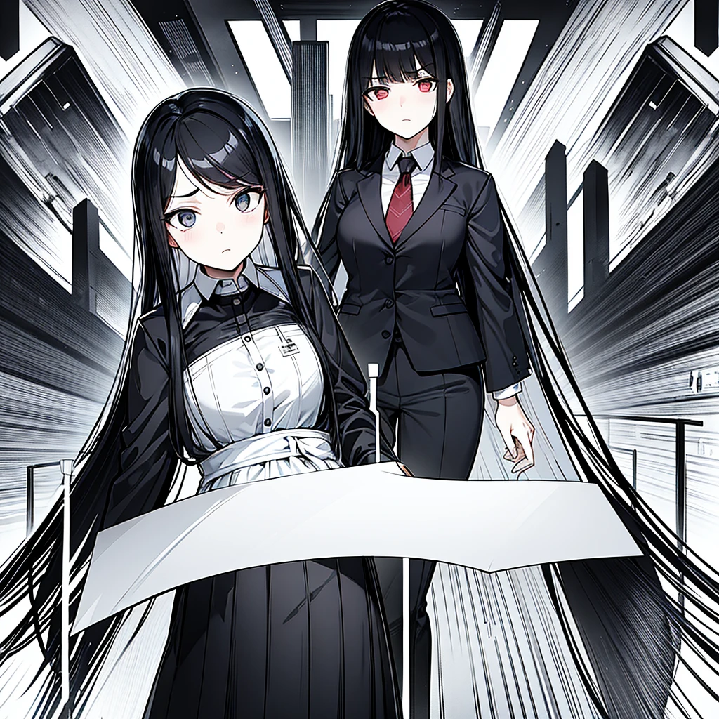masterpiece, best quality, long straight hair, female, Irritated expression, office worker suit, girl, ( There is only one person ), embarrassed expression, big bust, black hair