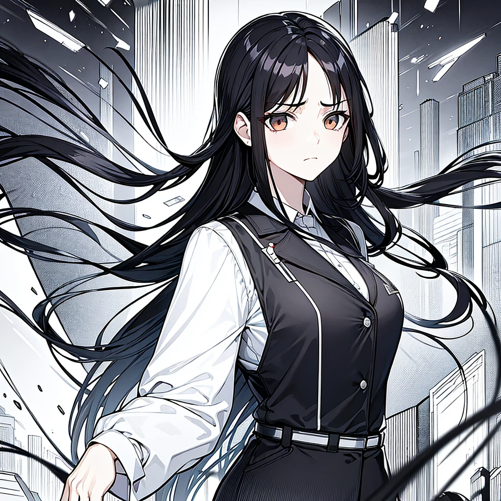 masterpiece, best quality, long straight hair, female, Irritated expression, office worker suit, girl, ( There is only one person ), embarrassed expression, big bust, black hair