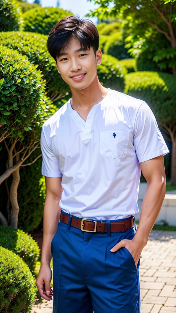 (Create a masterpiece: 1.2),(CGI art:1.3),(realistic:1.5),(After processing:1.3),(Sharp focus:1.3),10,1 man, smile, (Wear a white school shirt.), (Shorts, blue),brown belt, Korean guy , korean men, (High gloss details), chest muscles, large arm muscles, blood vessel, Big muscles, Broad shoulders, looking at the audience, Balancing the eyes, forest, mountain, (Make eye contact)