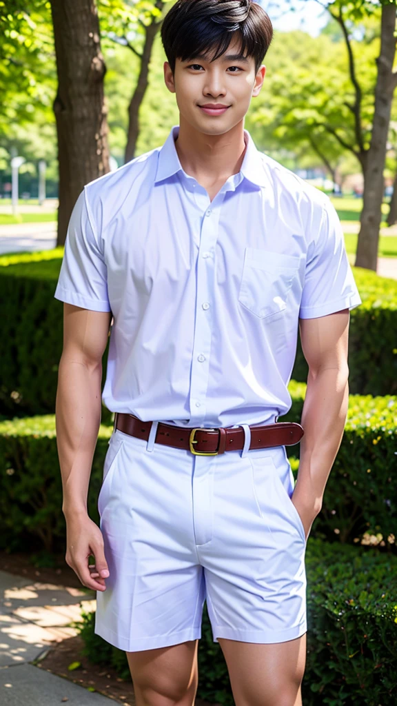 (Create a masterpiece: 1.2),(CGI art:1.3),(realistic:1.5),(After processing:1.3),(Sharp focus:1.3),10,1 man, smile, (Wear a white school shirt.), (Shorts, blue),brown belt, Korean guy , korean men, (High gloss details), chest muscles, large arm muscles, blood vessel, Big muscles, Broad shoulders, looking at the audience, Balancing the eyes, forest, mountain, (Make eye contact)