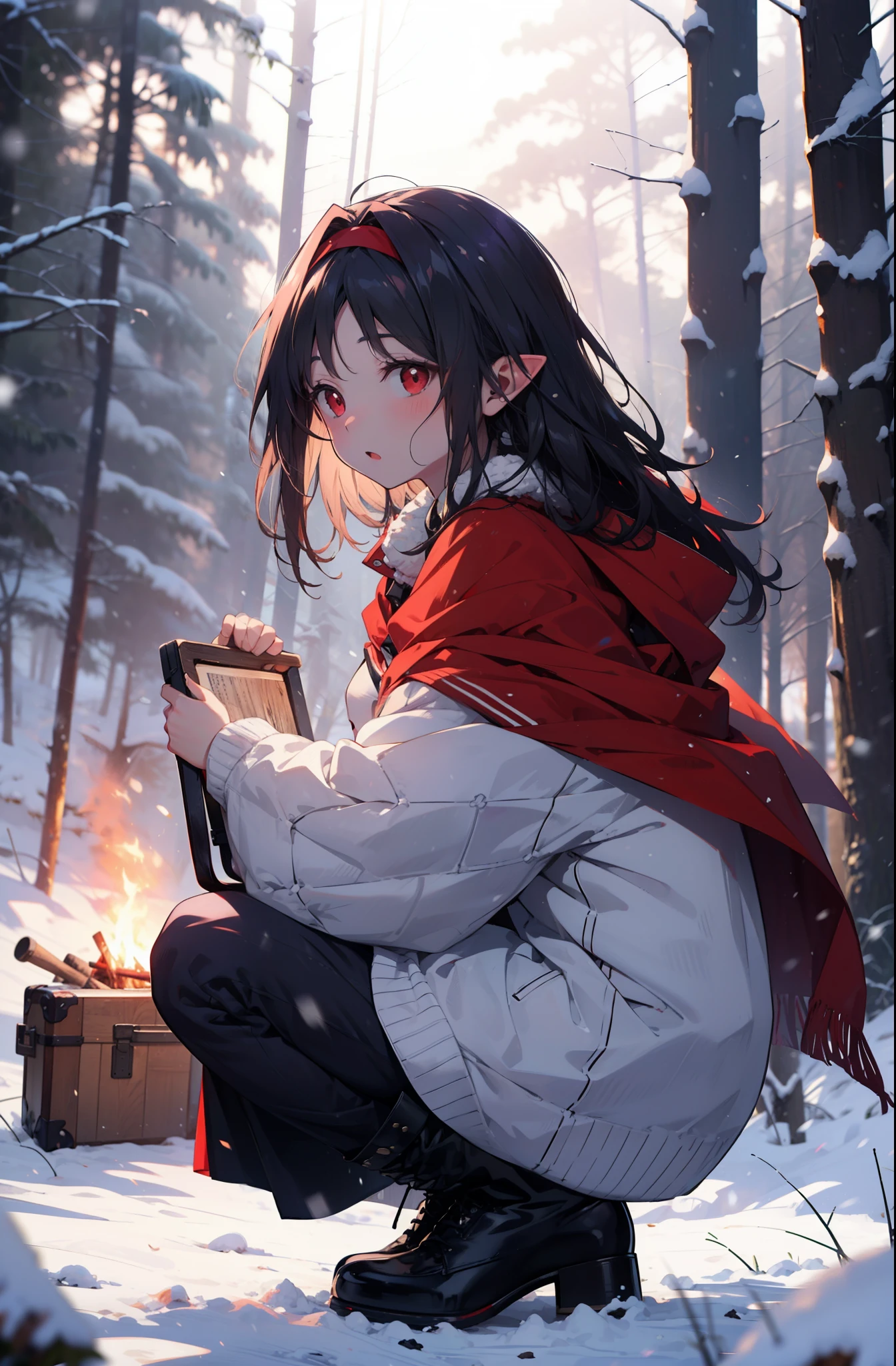 yuukikonno, Yuki Konno, hair band, Long Hair, Pointed Ears, Purple Hair, (Red eyes:1.5), (Small breasts:1.2),blush,White Breath, Open your mouth,snow, Bonfire, Outdoor, boots, snowing, From the side, 地面でBonfireをしている,wood, suitcase, Cape, Blurred, forest, nature, Brown eyes, , Squat, Mouth closed, ,Cape, winter, Written boundary depth, Black shoes, red Cape
break looking at viewer, Upper Body, whole body,
break Outdoor, forest, nature,
break (masterpiece:1.2), Highest quality, High resolution, unity 8k wallpaper, (shape:0.8), (Beautiful and beautiful eyes:1.6), Highly detailed face, Perfect lighting, Extremely detailed CG, (Perfect hands, Perfect Anatomy),