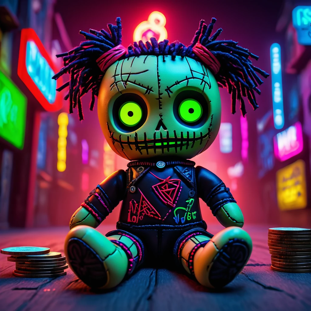 (knitted toy voodoo doll:1.8), (needles stuck into Voodoo:1.9), (neon city in the background:1.5), (TON coin logos:1.9) gothic horror atmosphere, best quality, masterpiece, soft oil painting, detailed background, dramatic cinematic lighting, soft edge lighting, professional, dramatic lighting, hard edge lighting, ultra quality, 4k, masterpiece, best quality, 8k, super high definition, high de