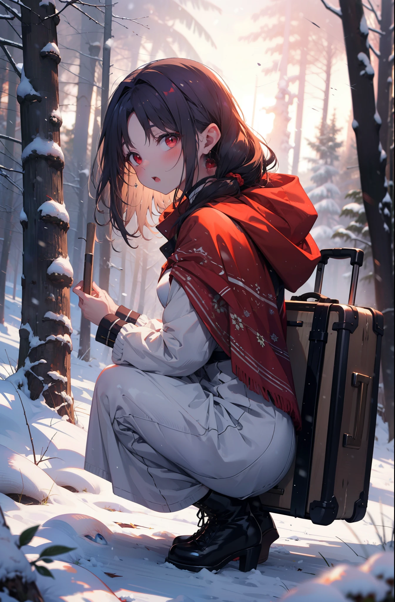 yuukikonno, Yuki Konno, hair band, Long Hair, Pointed Ears, Purple Hair, (Red eyes:1.5), (Small breasts:1.2),blush,White Breath, Open your mouth,snow, Bonfire, Outdoor, boots, snowing, From the side, 地面でBonfireをしている,wood, suitcase, Cape, Blurred, forest,  nature, Brown eyes, , Squat, Mouth closed, ,Cape, winter, Written boundary depth, Black shoes, red Cape
break looking at viewer, Upper Body, whole body,
break Outdoor, forest, nature,
break (masterpiece:1.2), Highest quality, High resolution, unity 8k wallpaper, (shape:0.8), (Beautiful and beautiful eyes:1.6), Highly detailed face, Perfect lighting, Extremely detailed CG, (Perfect hands, Perfect Anatomy),