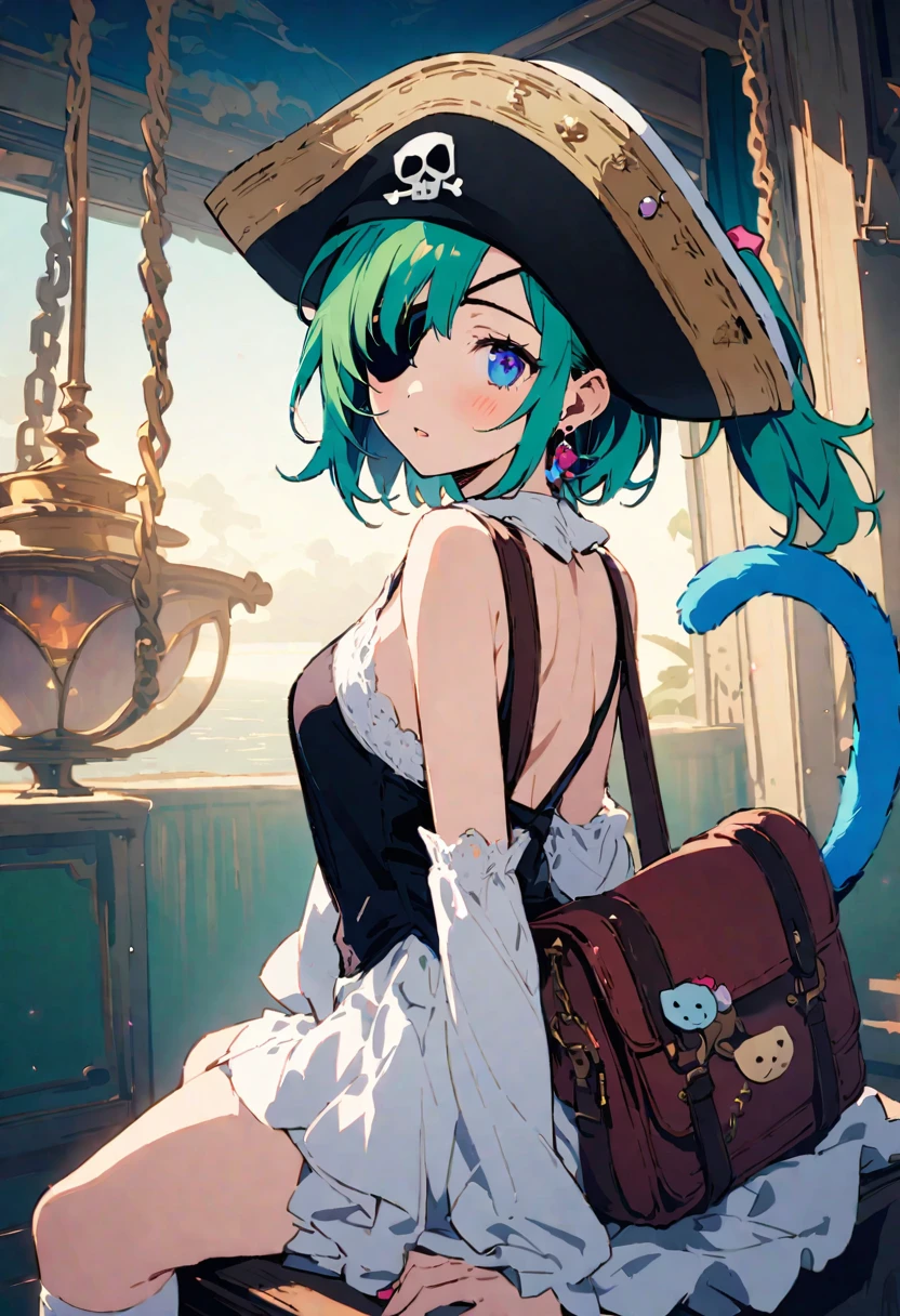 ((Back view:1.1)),masterpiece, Highest quality, Illustration of the novel, High resolution, 18+ Adult content, Sensual, Intimate, Emotional, Passionate, romantic, sweet, Adorable, Innocent, Pure, charmな, charmな, charm, mysterious, charmな, charmな, Immersive, charmな, dream-like, Surreal, Imaginative, Whimsical, Artistic, Avant-garde, timeless, elegant, Sophisticated, chic, Sophisticated, Personality, original, charmな,One Girl,Deltamon_beta, alone, blue eyes, Knee socks, Animal ears, Expose your shoulders, Blue Tail, Earrings,Removable sleeves, Green Hair, No sleeve, Cat ear, bag, white Knee socks, Cat'tail,pink backpack,Pink school bag,Lavender lace: Lavender Peter Pan collar lace dress, Paired with ivory tights and Mary Jane shoes.,Cherry-blossom viewing, azalea, satsuki, azalea blizzard,
rest ((Change the pirate:1.3)),((Eye patch:1.3))、