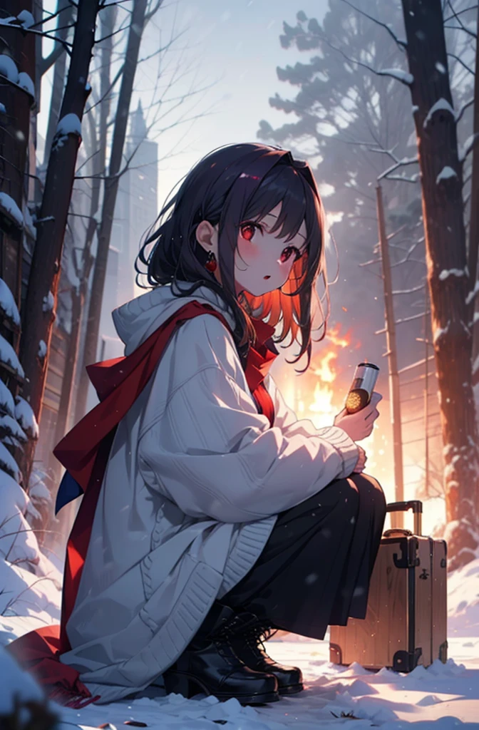 yuukikonno, Yuki Konno, hair band, Long Hair, Pointed Ears, Purple Hair, (Red eyes:1.5), (Small breasts:1.2),blush,White Breath, Open your mouth,snow, Bonfire, Outdoor, boots, snowing, From the side, 地面でBonfireをしている,wood, suitcase, Cape, Blurred, forest, nature, Brown eyes, , Squat, Mouth closed, ,Cape, winter, Written boundary depth, Black shoes, red Cape
break looking at viewer, Upper Body, whole body,
break Outdoor, forest, nature,
break (masterpiece:1.2), Highest quality, High resolution, unity 8k wallpaper, (shape:0.8), (Beautiful and beautiful eyes:1.6), Highly detailed face, Perfect lighting, Extremely detailed CG, (Perfect hands, Perfect Anatomy),