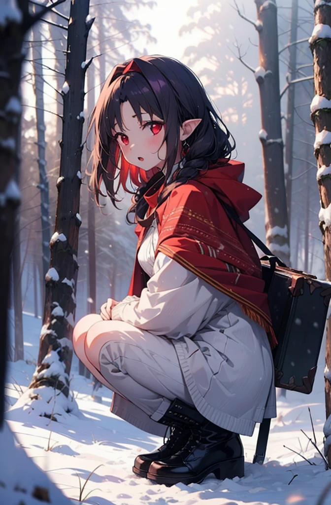 yuukikonno, Yuki Konno, hair band, Long Hair, Pointed Ears, Purple Hair, (Red eyes:1.5), (Small breasts:1.2),blush,White Breath, Open your mouth,snow, Bonfire, Outdoor, boots, snowing, From the side, 地面でBonfireをしている,wood, suitcase, Cape, Blurred, forest, nature, Brown eyes, , Squat, Mouth closed, ,Cape, winter, Written boundary depth, Black shoes, red Cape
break looking at viewer, Upper Body, whole body,
break Outdoor, forest, nature,
break (masterpiece:1.2), Highest quality, High resolution, unity 8k wallpaper, (shape:0.8), (Beautiful and beautiful eyes:1.6), Highly detailed face, Perfect lighting, Extremely detailed CG, (Perfect hands, Perfect Anatomy),