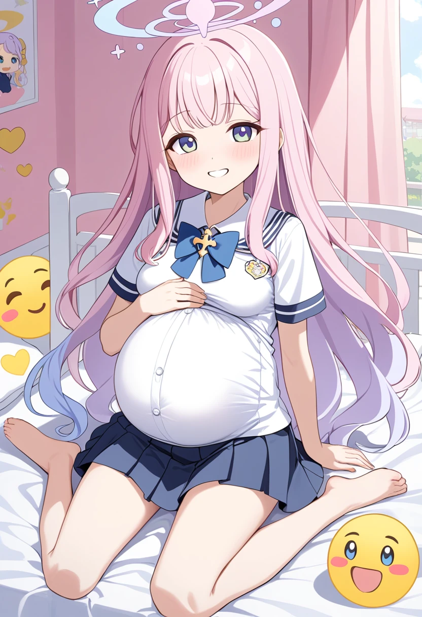 Mika/Blue archive, long hair,blue eye, kinder garten uniform, skirt, pregnant, sit bed, smile, emoji heart,