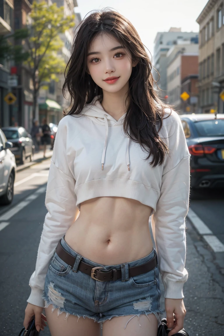 Girl on the street in summer, belly button hoodie sweatshirt,Sexy abs,Black low rise shorts, Metal belt,cowboy shot, The abdomen is completely exposed, The abdomen is open,Detailed facial features, beautiful eyes, Lips, and long eyelashes, Reality, 8K, Very detailed, Studio Lighting, Dramatic Lighting, Vibrant colors, work, Hot summer vibes,Smiling