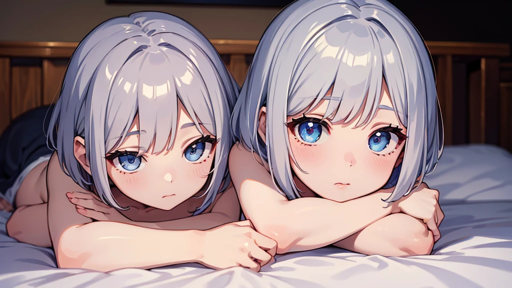 Ultra-high resolution,masterpiece, Attention to detail, Highest quality, 4K,(Silver braided short bob),(heavy chest,Captivating body、Ultra-detailed skin、Beautiful eyes、Detailed Background),1 girl、(lie face down, sleeping)、bed