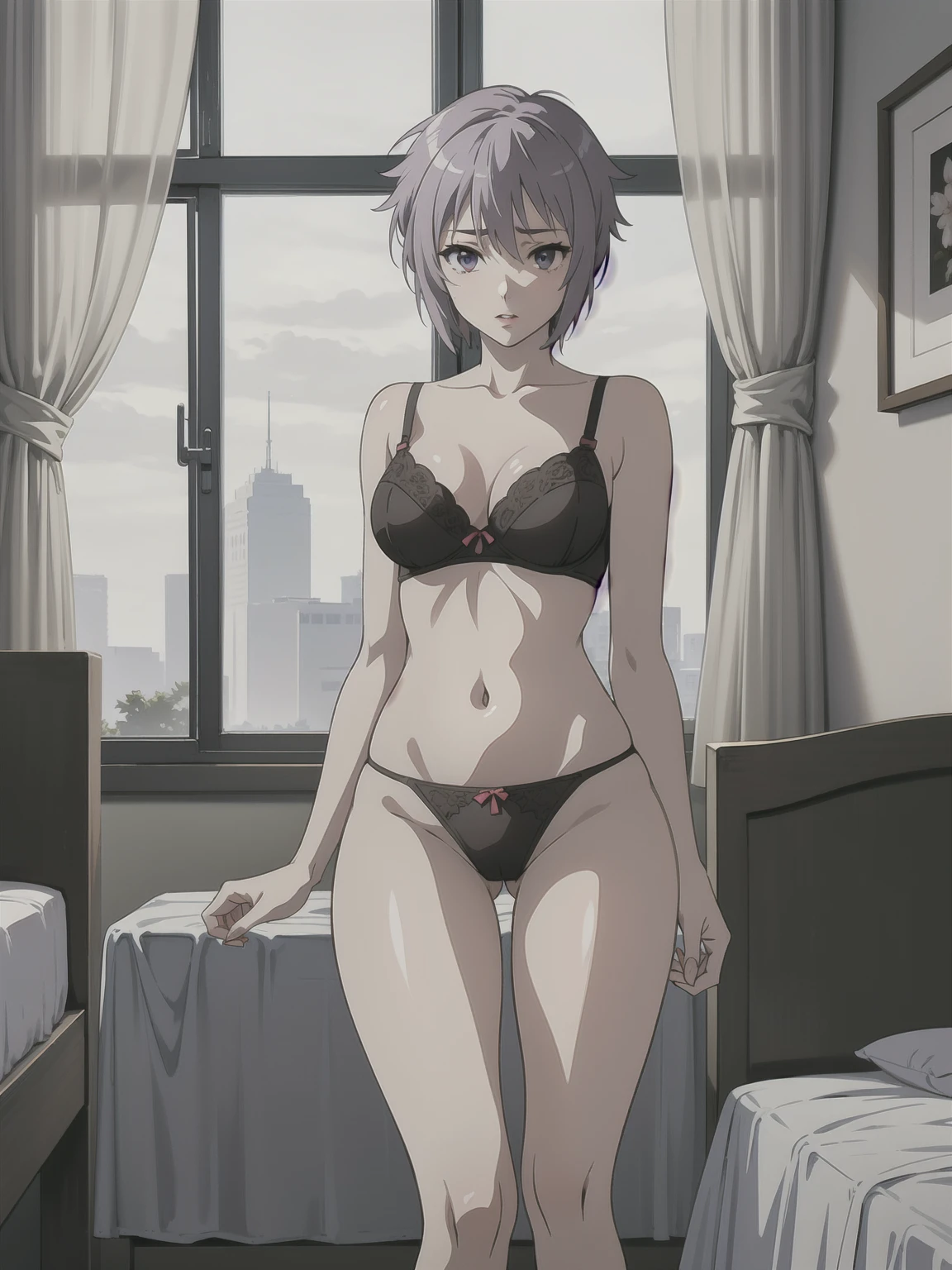 (A superb exquisite yuki nagato), (yuki nagato:1.5), brown eyes, brown hair, natural straight hair, solo, nature, extremely delicate, straight facial features, peerless beautiful girl, soft, (sensual face), ((ecchi face)), dreamy quality, exaggerated facial features, solid color, frank holly, delicate face, bright lips, slender waist, soft curves, super fine, 4k, natural moving, Ultra high resolution, (masterpiece:1.2, best quality), (finely detailed beautiful eyes: 1.2), (beautiful detailed face), sexy nude model, sexy pose, (medium chest), (Perfect Body Proportions), (bedroom), Mekosuji, (Spread your legs a little and show off your crotch), bra & panties,