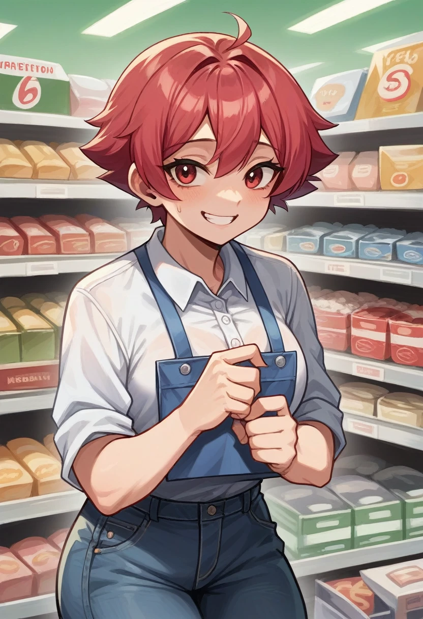 Crimson hair, short hair, tomboy, female, meek, shy, b cups, white polo tucked into black jeans, small smile, convenience store, convenience store worker, distant view
Important prompt: copy image hair, copy image body, use prompt clothing, adult, tall