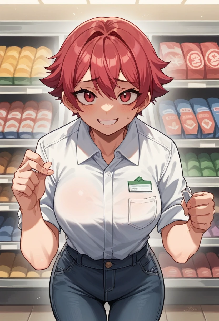 Crimson hair, short hair, tomboy, female, meek, shy, b cups, white polo tucked into black jeans, small smile, convenience store, convenience store worker, distant view

Important prompt: copy image hair, copy image body, use prompt clothing, adult, tall