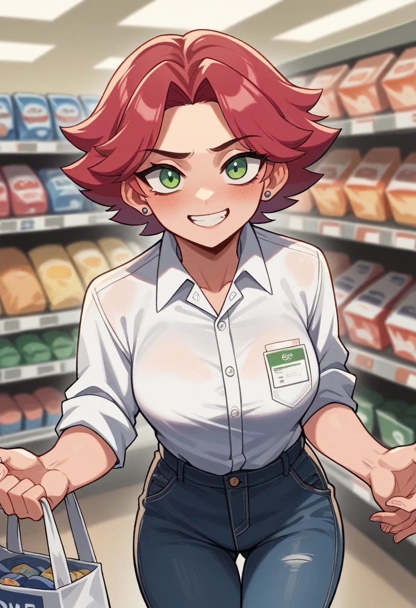 Crimson hair, short hair, tomboy, female, meek, shy, b cups, white polo tucked into black jeans, small smile, convenience store, convenience store worker, distant view
Important prompt: copy image hair, copy image body, use prompt clothing, adult, tall