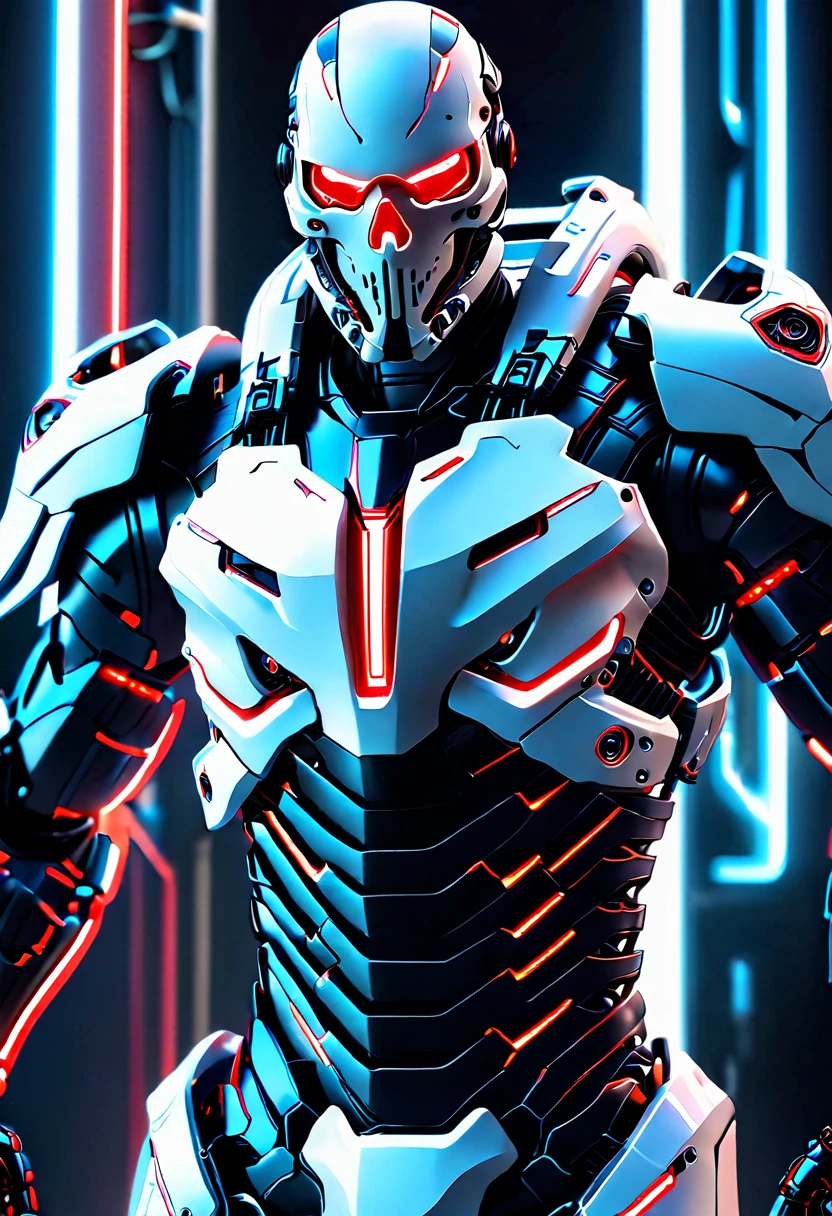 the white cyborg with skull face mask, focus on advanced technology and agility. Equip the Exoskeleton Armor, the Enhanced Sensors for quick repositioning. ultra realistic, 8k uhd, fully weapon gears, solid armor, at center body got nano tech in red neon circle gears, high impact design and concept, big shoulder armour, hold a big hi tech sword with one line neon red color,