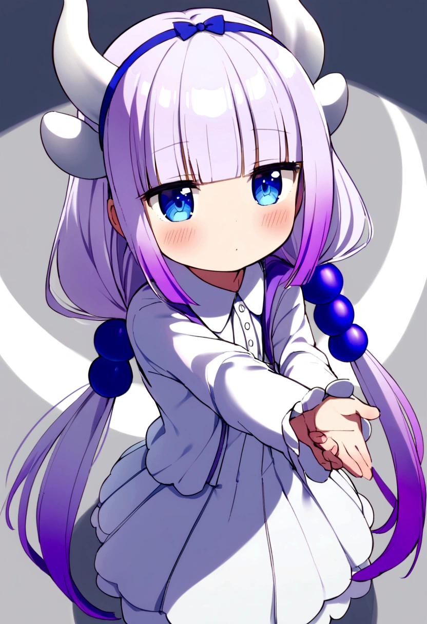 {kanna_kamui_kobayashisanchinomaidragon:1.15}, long_hair, light_purple_hair, blue_eyes, hair_ornament, bangs, blush, multicolored_hair, twintails, blunt_bangs, hair_beads, beads, hairband, gradient_hair, low_twintails, horns, dragon_horns, purple_hair,'s build,bird's-eye view,extend one's arm
