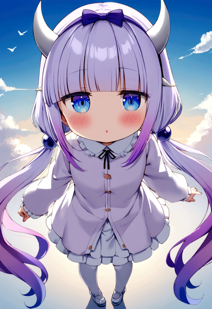 {kanna_kamui_kobayashisanchinomaidragon:1.15}, long_hair, light_purple_hair, blue_eyes, hair_ornament, bangs, blush, multicolored_hair, twintails, blunt_bangs, hair_beads, beads, hairband, gradient_hair, low_twintails, horns, dragon_horns, purple_hair,child's build,bird's-eye view,extend one's arm