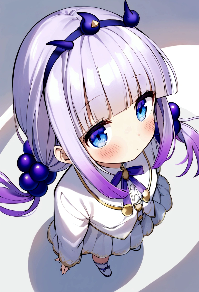  {kanna_kamui_kobayashisanchinomaidragon:1.15}, long_hair, light_purple_hair, blue_eyes, hair_ornament, bangs, blush, multicolored_hair, twintails, blunt_bangs, hair_beads, beads, hairband, gradient_hair, low_twintails, horns, dragon_horns, purple_hair,'s build,bird's-eye view,extend one's arm