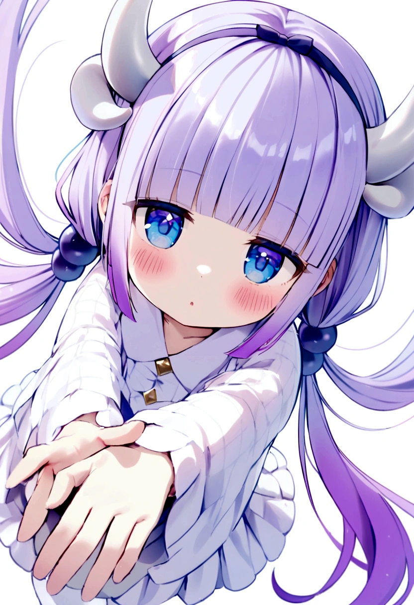 {kanna_kamui_kobayashisanchinomaidragon:1.15}, long_hair, light_purple_hair, blue_eyes, hair_ornament, bangs, blush, multicolored_hair, twintails, blunt_bangs, hair_beads, beads, hairband, gradient_hair, low_twintails, horns, dragon_horns, purple_hair,child's build,bird's-eye view,extend one's arm