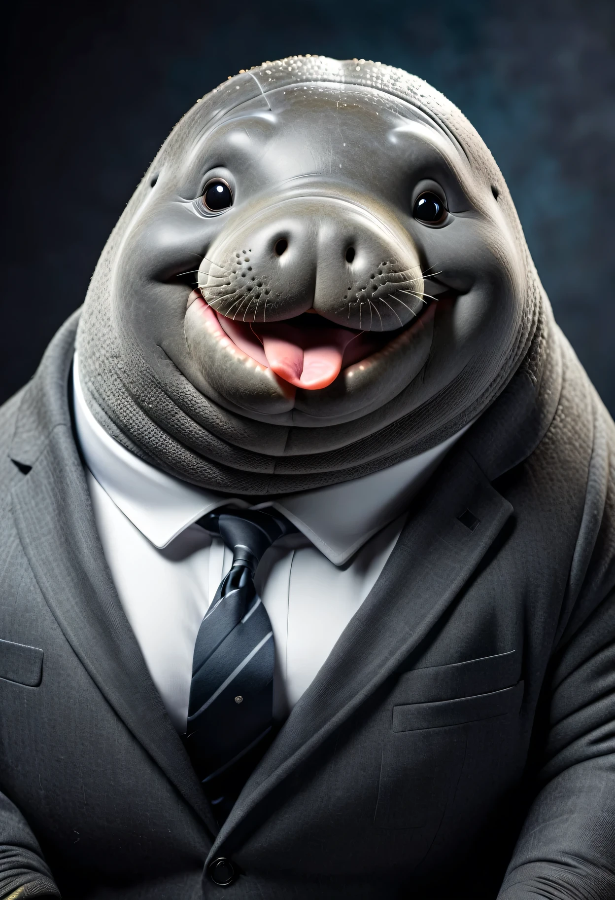 face close up photo of anthropomorphic fat manatee,(furry), (), dressed in a dark gray suit, (sticking out tongue:1.5),(happy smile:1.5),(playful:1.2), soft lighting, Cinematic, hdr, primitive, Intricate, High quality, smoothing tones, Intricate details, Low contrast,(viewed from side:2.0), (looking to the side:1.5), simple background