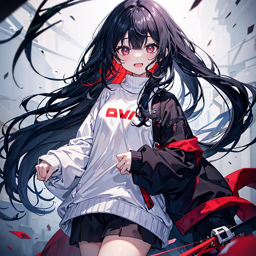 1girl, long black hair, red and blue pupils, Wearing a white long-sleeved sweater, Stand, Laugh