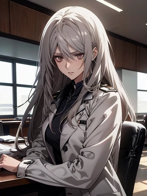 (Confused, High resolution, Very detailed), 1 female, Silver Hair,Long Hair,Reddish brown eyes,White and black pilot suit,White long coat,Navy blue skinny pants,24th generation,beauty,mature,thin,quiet,Calm,Sit at a conference room table,talk,Intimidation,Unpleasant,Annoying,White long coat,