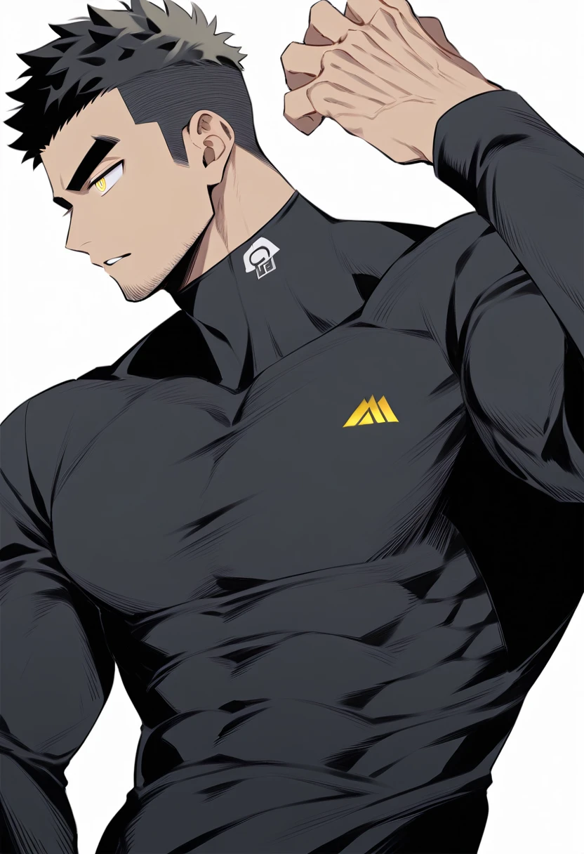 one negro, anime characters：Gyee, Hibino Kafka, One Muscle Sports Student, negro black skin, Very Black, muscular tough guy, Manliness, male focus, Grey long sleeve turtleneck tight t-shirt, Regular symmetrical pattern, Very tight, muscular male, muscular, only, Upper body, alone, Black short hair, Thick eyebrows, stubble, Yellow eyes, White background, simple background, amazing quality, best aesthetics, Ridiculous, bright pupils, crew cut, parted lips, v-shaped eyebrows, jitome, best quality