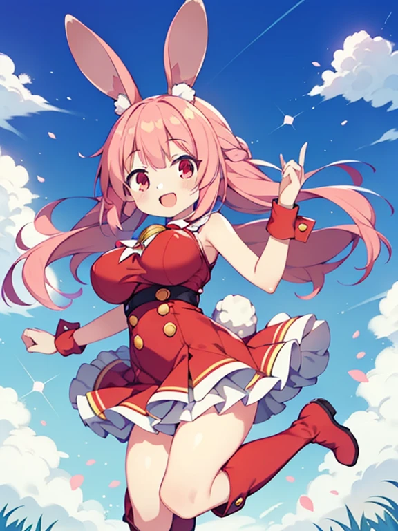 Colorful , masutepiece, Best Quality, 1girl in, loli, pink hair, long hair, straight hair, rabbit ears, big breasts, High legsuit, jumping, red eyes, open mouth, happy smile, rabbit boots, dynamic angle,