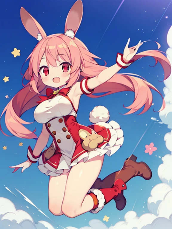 Colorful , masutepiece, Best Quality, 1girl in, loli, pink hair, long hair, straight hair, rabbit ears, big breasts, High legsuit, jumping, red eyes, open mouth, happy smile, rabbit boots, dynamic angle,