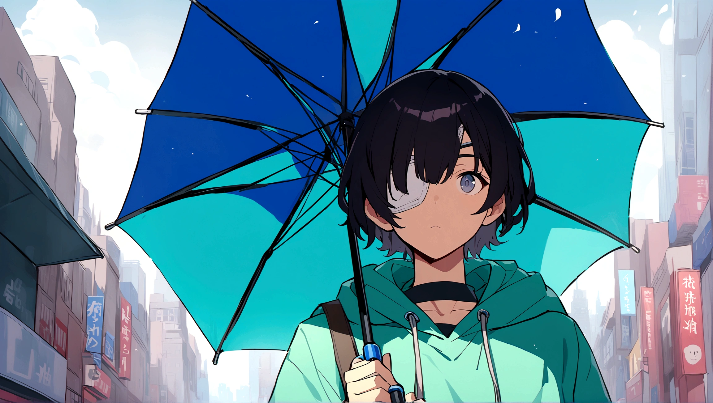 1boy,black eyes,black hair,White eye patch,Green sweatshirt,Blue umbrella,A man holding an umbrella on a city street,Carrying a shoulder bag,Buildings in the background,Umbrella,short hair,solo,Upper body,