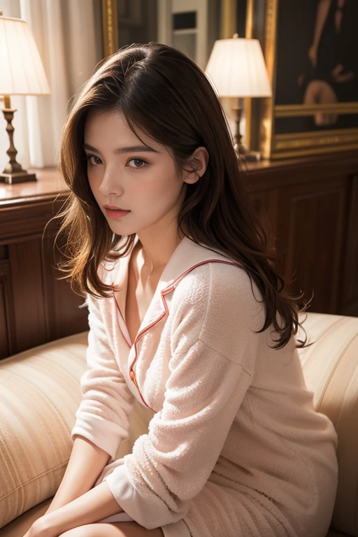 highest quality、4K、Perfect Face、Perfect Style、perfect body、Sunburn、beautiful lady、mature、long curly layer brown hair、Swept-back hair、full body, sexy 、charming、healthy、of the highest quality、8K、Photorealsitic:1.4、Raw photography、超A high resolution:1.4、Top image quality: 1.4、absurderes, master piece, Ultra-detailed、A hyper-realistic,perfect anatomia、Correct fingers、in night、Sitting alone on the sofa in the living room、Sleepily in towel material border pajamas、Looking at Viewer、head shot、Bulb light from above、
